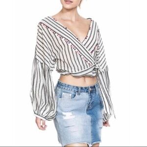 Altar’d State Cropped Striped Wrap Top Puff Sleeves Black White Embroidered M